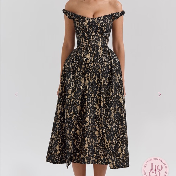 House of CB Black Gold Lace Off Shoulder Midi Gown - Picture 2 of 10